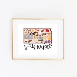 Illustrated South Dakota Art, Cute South Dakota Map Print, Modern SD Decor, Unique South Dakota Gift, SD Wall Art, Travel Poster, Cityscape