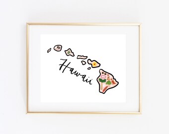 Illustrated Hawaii Art Print, Cute Hawaii Map Print, Modern Hawaii Decor, Unique Hawaii Gift, Hawaii Wall Art, Travel Poster, Cityscape