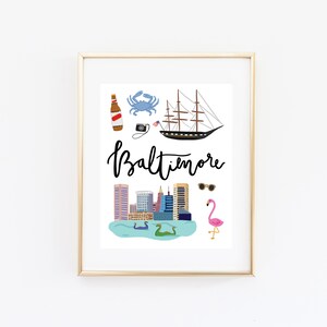 Illustrated Baltimore Maryland Art Print, Cute Baltimore Map, Modern Baltimore Decor, Baltimore Gift, Wall Art, Cityscape, Travel Poster