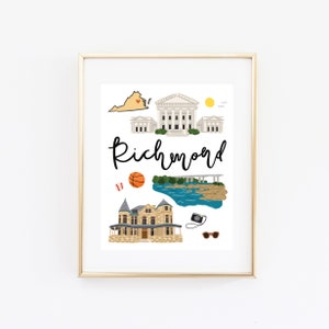 Richmond Virginia Art Print, Illustrated Richmond Decor, Cute Richmond Wall Art, Richmond Map, Modern Richmond Gift, Travel Gift, Cityscape
