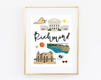 Richmond Virginia Art Print, Illustrated Richmond Decor, Cute Richmond Wall Art, Richmond Map, Modern Richmond Gift, Travel Gift, Cityscape