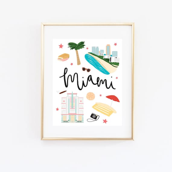 Miami Art Print, Illustrated Miami Decor, Cute Miami Gift, Modern Miami Wall Art, Miami Map, Cityscape, Travel Gift, Poster, Skyline, Beach