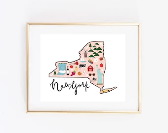 Illustrated New York State Art Print, Cute New York Map Print, Modern New York State Decor, New York Gift, New York Wall Art, Travel Poster