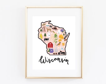 Illustrated Wisconsin Art, Cute Wisconsin Map Print, Modern Wisconsin Decor, Unique Wisconsin Gift, WI Wall Art, Travel Poster, Cityscape