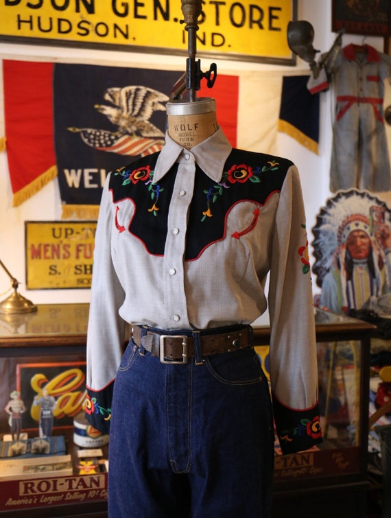 Vintage 1940s 1950s western cowboy embroidered shi