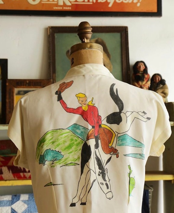 1950s blouse with cowboy hand painted 1940s shirt