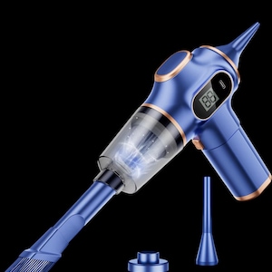May include: A handheld blue vacuum cleaner with gold accents, featuring a digital display showing the number 88, a transparent dust canister with visible internal airflow, a long nozzle attachment, and two additional separate nozzle accessories.