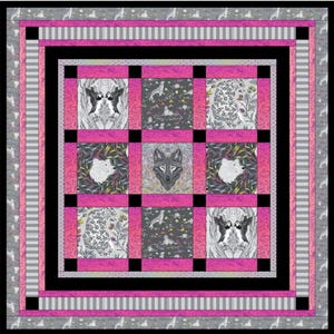 May include: A square patchwork quilt featuring a central grid of nine blocks with animal illustrations including wolves, leopards, and puffins. The quilt is framed by vibrant pink, black, and grey striped borders with a repeating animal motif edge.