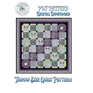 May include: A square quilt pattern featuring a grid of alternating blocks with various animal and floral prints in shades of black, gray, purple, and green. The text reads PDF PATTERN DIGITAL DOWNLOAD and THROW SIZE QUILT PATTERN with a logo.