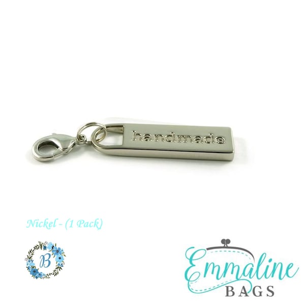 EMMALINE BAG HARDWARE Zipper Pull w/Handmade etched on the tab - Various Finishes