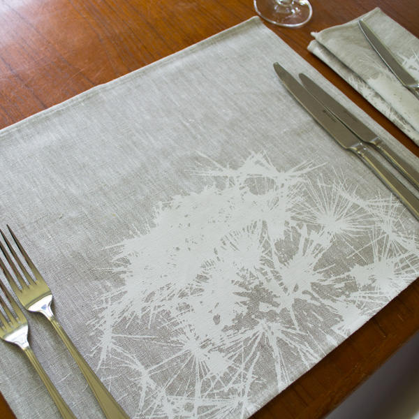 Set of 4 linen placemat with print of Dandelion in white. 100 Etsy