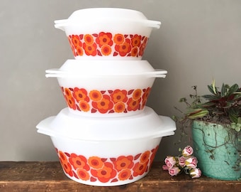 Vintage Arcopal Lotus Casseroles, Floral Oven Dish Set, White Milkglass Dinnerware, Retro Floral Red Orange , 70's French Pyrex kitchenwar