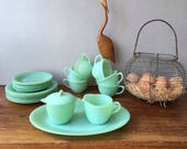 Vintage Fire King Jadeite, Jane Ray set, Plates, Cups Saucers, Milk Jug, Sugar Bowl Mint Green Fire King Oven Ware Jadeite Anchor