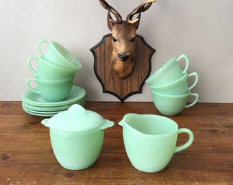 Fire King Jadeite Coffe Set, 15 Pieces Jane Ray Jadeite Set, Cups & Saucers, Milk Jug and Sugar Bowl, Vintage Mint Green Dining Glassware