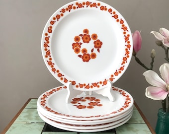 Vintage Arcopal Lotus Dinner Plates, Milk Glass, Retro Orange, Red Floral, 70's French Pyrex, Boho Dinnerware, Excellent condition