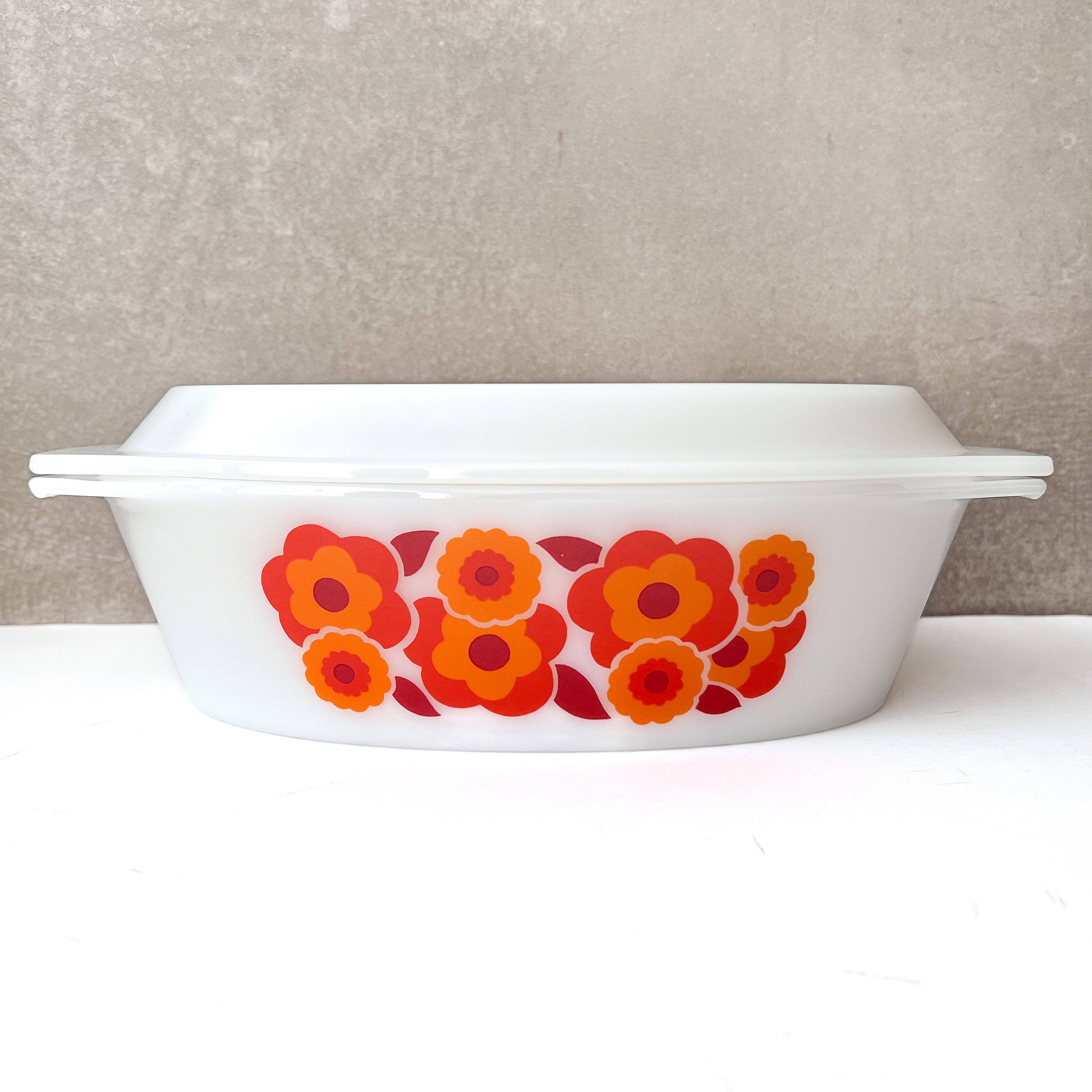 Plat Saladier Vintage Arcopal - Motif Fleurs De Lotus Orange - Années 70