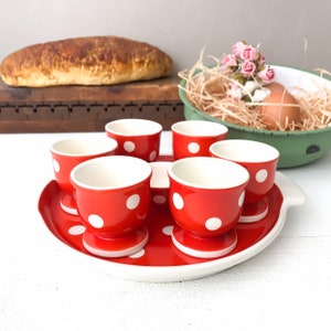 Vintage Waechtersbach Red Polka Dot Egg Cup Set, 1930s German Earthenware