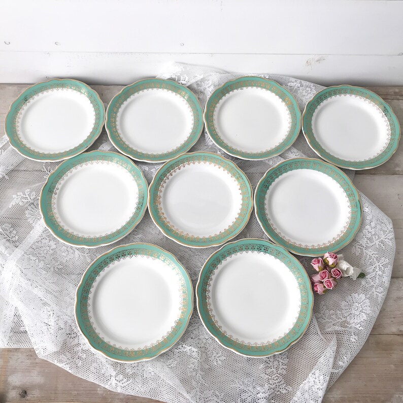 1920 French Country kitchenware Digoin /& Sarreguemines Turquoise Gold Trimmed plate set Vintage French Plate Set
