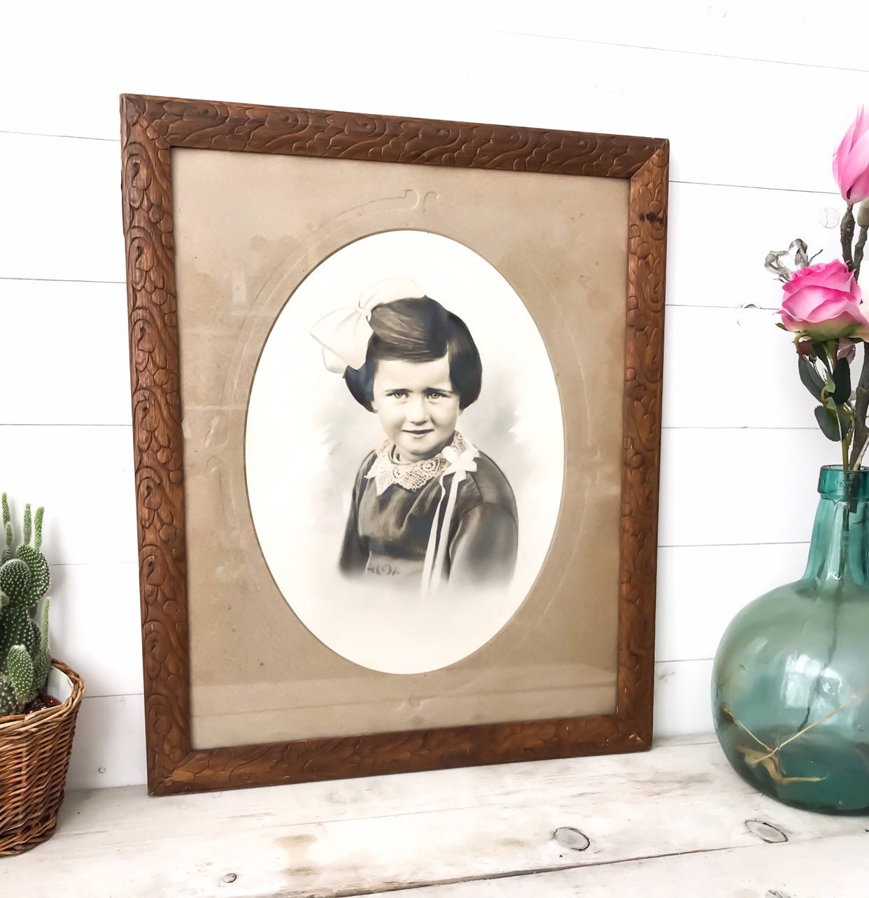 Large Antique Charcoal Portrait, Vintage Girl With Papillon