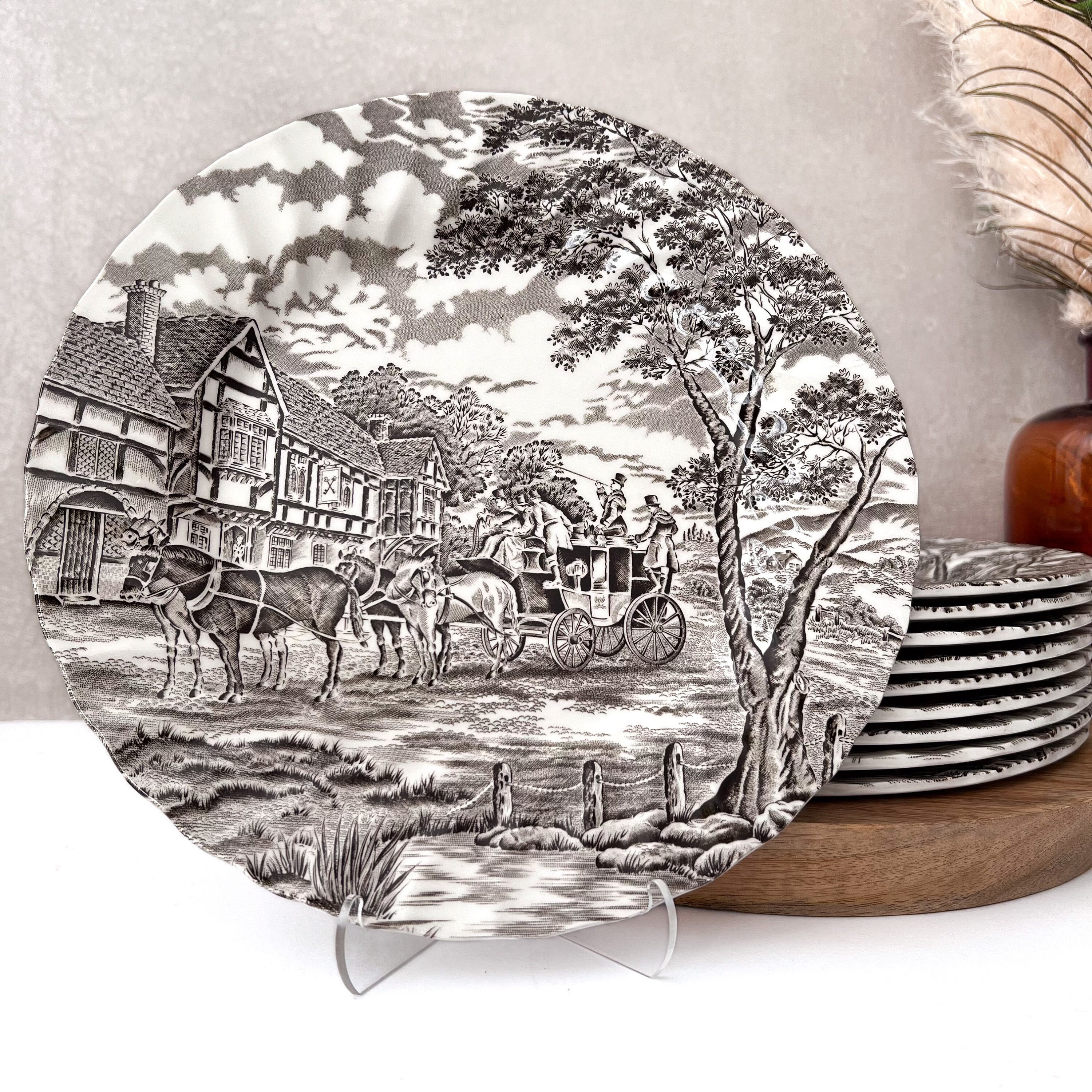 Myott Royal Mail Dinner Plates Set, Brown Transferware, English 