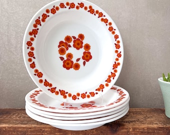 Arcopal Lotus Soup Bowls, Vintage Soup Plates, Retro Orange, Red Floral Bowls, 70&#39;s French Pyrex Dinnerware, Excellent Condition