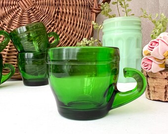 Vintage Forest Green Espresso Cups, Retro Green Glass Tableware, Space Age Coffee, Emerald Green Tableware