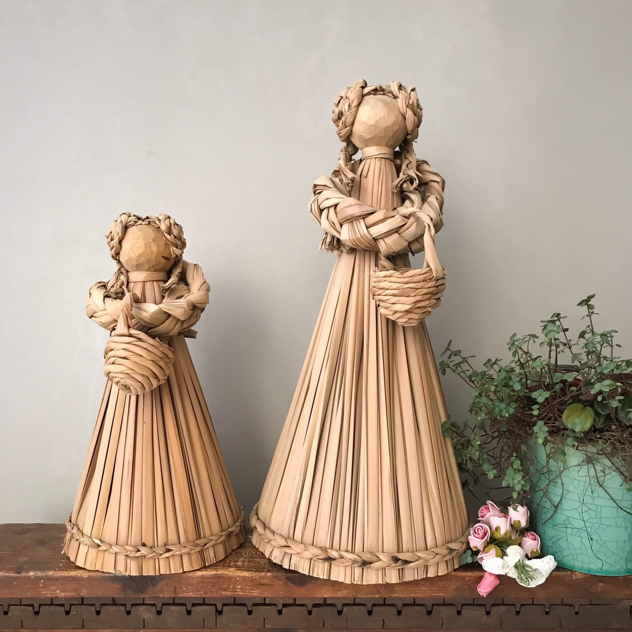 Vintage 2 Cattail Dolls Handmade Straw Figurines Raffia - Etsy