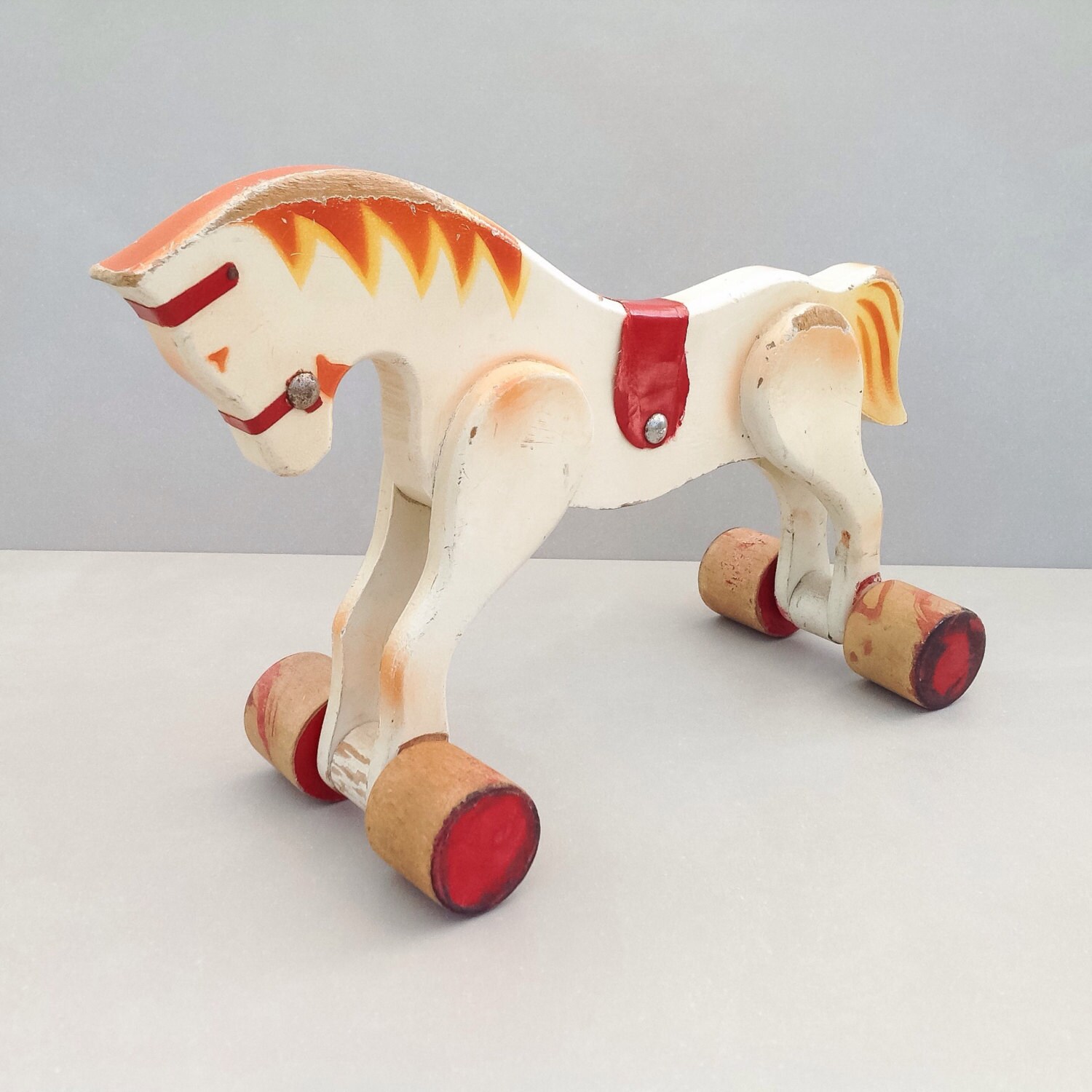 Vintage Pull Toy Horse Wooden Horse On Wheels Collectable Etsy
