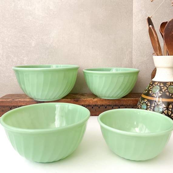 Vintage Fire King Jadeite Swirl Bowls, Mid Century Green Tableware