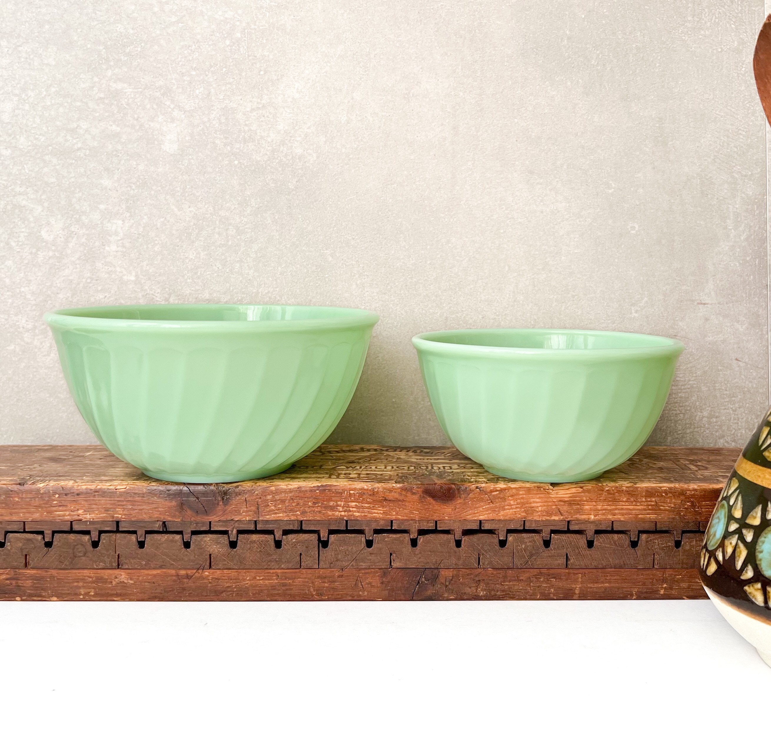 Vintage Fire King Jadeite Swirl Bowls, Mid Century Green Tableware