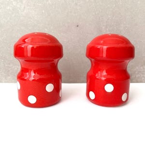Può includere: Un set di due saliere e pepiere in ceramica rossa con pois bianchi.