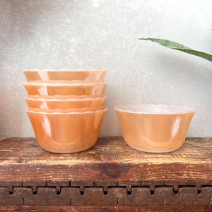Vintage Fire King Peach Lustre 5 Custard Cups, Dessert Bowls, ramekins , Anchor Hocking Mid Century Glassware