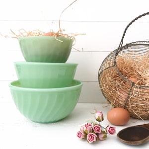 Vintage Fire King Jadeite Swirl Bowls 6”7&quot; 8&quot; ” Set, Mint Green, Fire King Mixsing Bowls, 50&#39;s Oven Ware, Jadeite Anchor Hocking