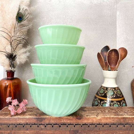Vintage Fire King Jadeite Swirl Bowls, Mid Century Green Tableware
