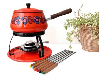 Brabantia Fondue Set Retro Orange Floral Diane Pattern 70's Dutch Enamel