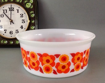 Arcopal Lotus Bowl, Large Salad Or Mixing Bowl, Retro Orange, Red Flowers ,70's French Pyrex Kitchenware