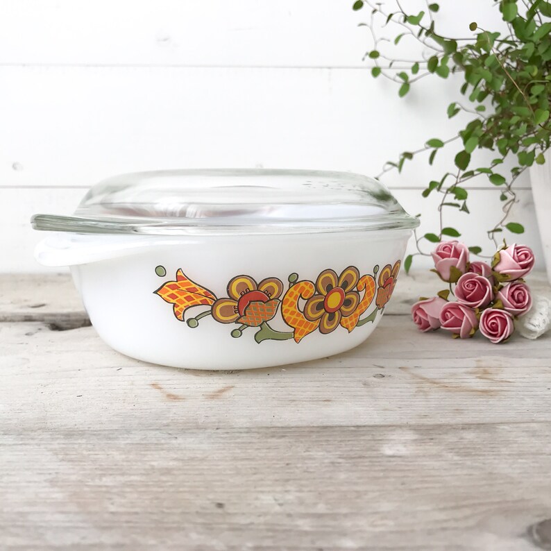 Floral Orange Retro Vintage Schott Mainz Casserole JENAer GLAS 70/'s Germam Pyrex Kitchenware