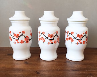 Vintage 70&#39;s Jars Set, Japanese Cherry Blossom, Apothecary pharmacy jars, Made In Belgium