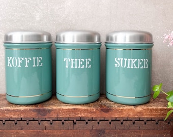 Vintage Turquoise Canisters, Coffee Tea Sugar, Dutch Enamel Kitchen Storage