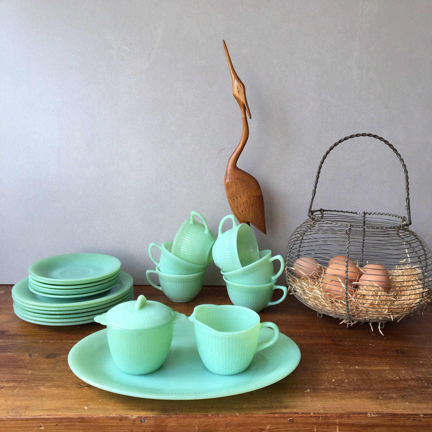 Vintage Fire King Jadeite Starter Set, Jane Ray Dinnerware, Dinner 