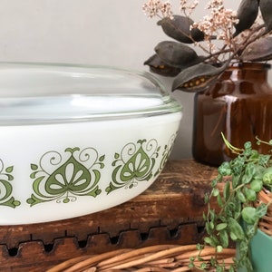 Vintage Jena Glass Lidded Casserole, Oven Dish,  Green Floral , Pop Art ,Space Age, Schott Mainz, 70&#39;s German Pyrex Kitchenware