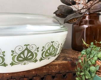 Vintage Jena Glass Lidded Casserole, Oven Dish,  Green Floral , Pop Art ,Space Age, Schott Mainz, 70&#39;s German Pyrex Kitchenware