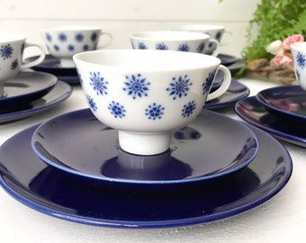 Melitta Bangkok Breakfast trio, Coffee Cup and Bread Plate, Cobalt Blue Christmas Snowflakes, Vintage Melitta
