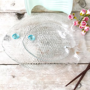 Vintage Arcoroc Fish Plates Set, Clear glass Sushi Set, Mid Century Poisson, 60&#39;s French Dinnerware