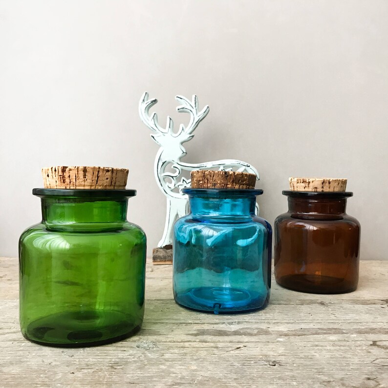 Vintage Glass Storage Jars Amber Brown Emerald Green Etsy