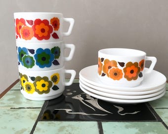 Vintage Arcopal Lotus, Cups & Saucers, Coffee Cups. Retro Orange / Red, Floral Pattern, 70's French Pyrex Kitchenware