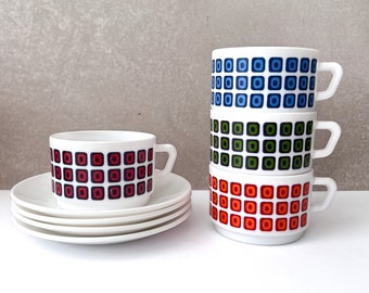 Vintage Arcopal Squares Coffee Cups & Saucers, Mid Century French Pyrex, 1970s Kitchenware