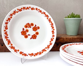 Arcopal Lotus Salad Plates, Retro Orange, Red Floral, 70's French Pyrex Dinnerware, Excellent Condition