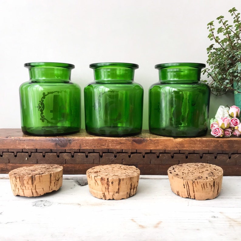 Vintage Emerald Green Jars Pharmacy Glass Jars Cork Stopper Etsy