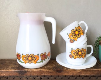 Vintage Schott Mainz Coffee Set, Floral Orange, Retro, JENAer GLAS, 70's Germam Pyrex Kitchenware, Coffee Jug, Coffee Mug & Saucer